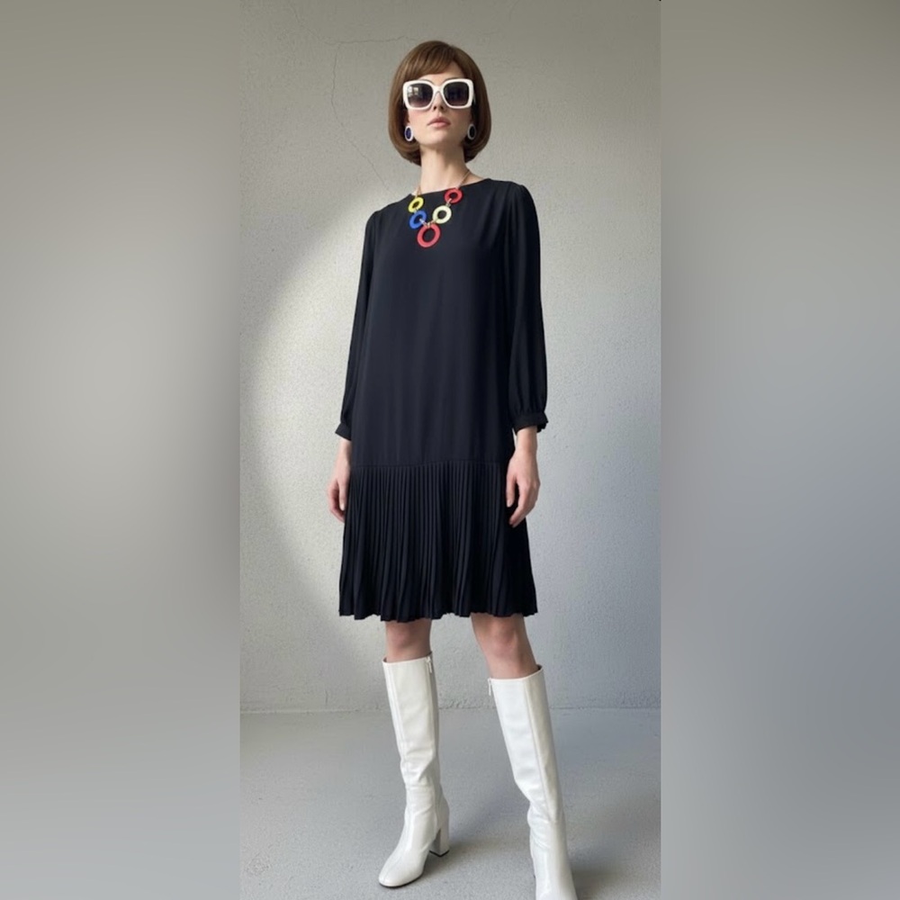 NOS 1960s I Magnin Mod Black Pleated Drop Waist Long Sleeve Shift Dress Sz L